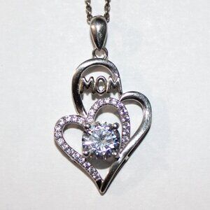 Sterling Silver Cubic Zirconia Heart Mom Necklace
